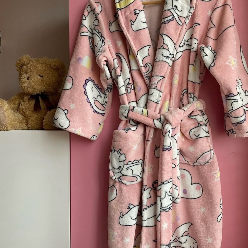 Handmade Pink Sleepy Dragons Print Bathrobe